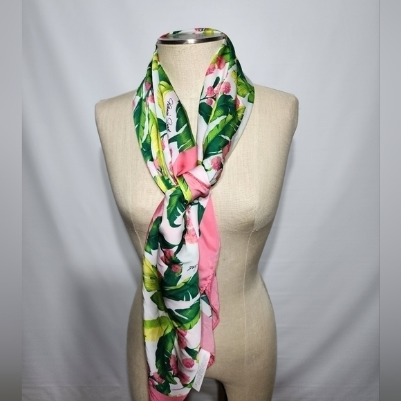 Victoria's Secret Green Pink Tropical Foliage Print Scarf Cover Up - Picture 8 of 14